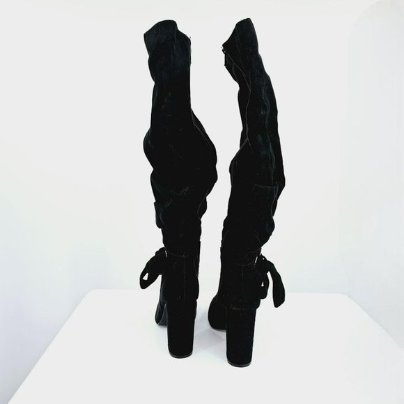 JustFab Pilara Over The Knee Heels Boots 10 Black Faux Suede Slouch Side Zip Bow - Picture 9 of 13